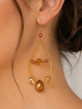 Amber and Honey Brown Beaded Teardrop Dangle Earrings